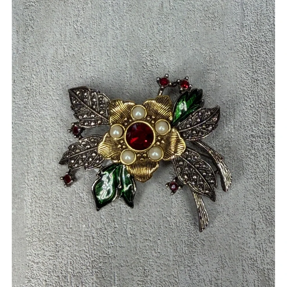 Vintage AVON Floral Brooch Earrings Set Gold Silver Tone Red Rhinestone Enamel